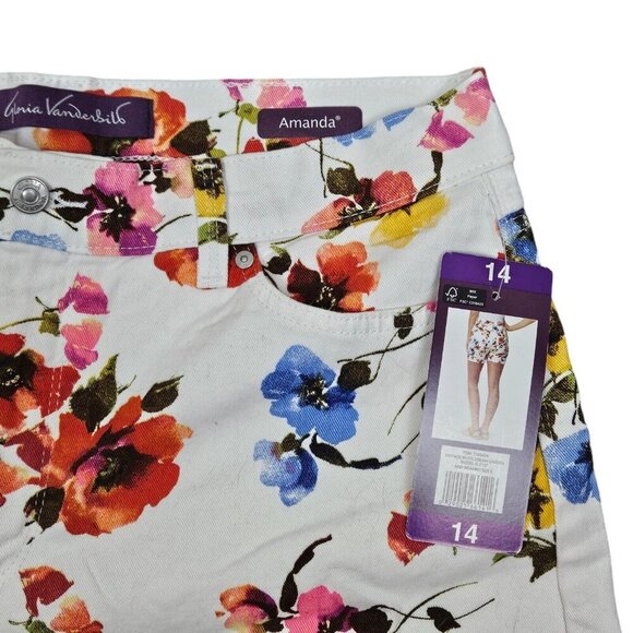 Gloria Vanderbilt "Amanda" White Floral Print Denim Shorts High Rise Size 14 New - Picture 2 of 12